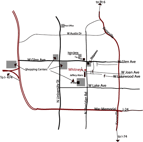 A close-up map of the streets and shopping centers near Whitneys